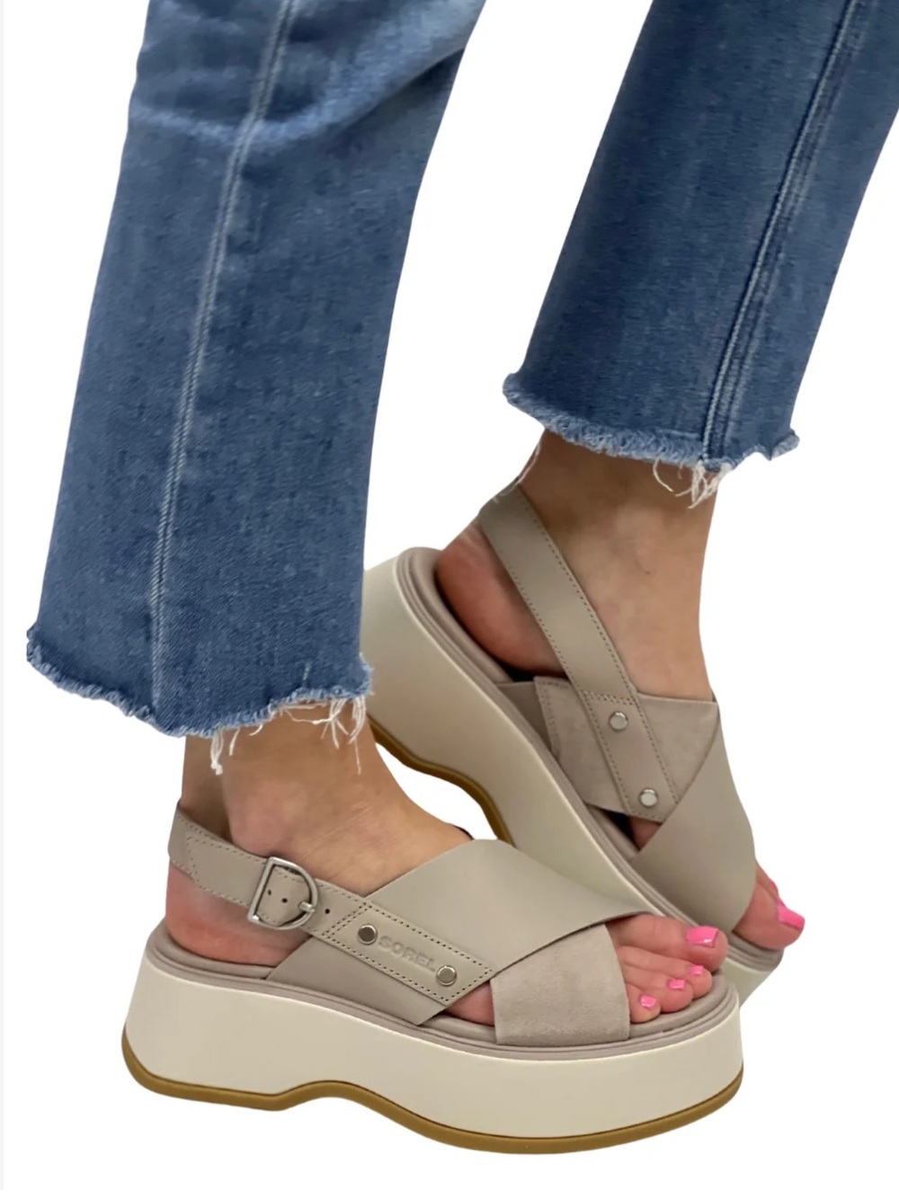 Sorel Beige Cameron Platform Crosscross Sandal Leather Suede Women's Size 9